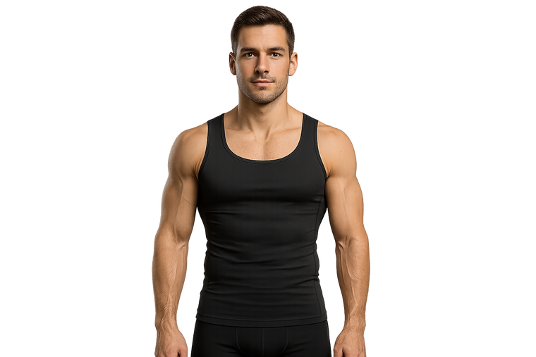 "A single man wearing a slimming shapewear tank top, showing a fit and toned body, realistic human anatomy, confident posture, front view, photorealistic, high detail, transparent background"